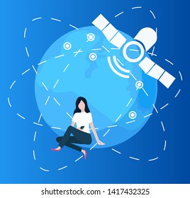 Person with cell phone vector, woman using smartphone to chat and talk, cellular communication and search for connection, planet with lines flat style