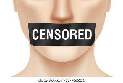 Person with CENSORED duct tape covering his mouth. Free speech censorship, concept vector illustration.