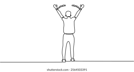 A person with chains breaking free in continuous line drawing. Depicting liberation, overcoming limitations, and personal empowerment. Vector illustration hand drawn.