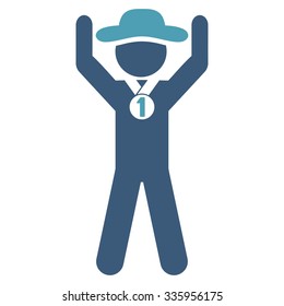 Person Champion vector icon. Style is bicolor flat symbol, cyan and blue colors, rounded angles, white background.