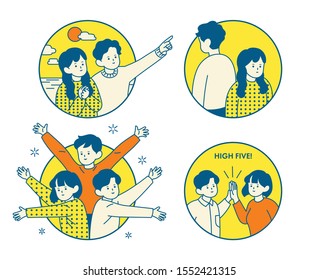 Person character in circle frame  Friends cheering   fighting each other  Simple   cute outline style hand drawn vector design illustrations  