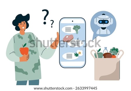 Person character get low calorie diet advice from an Ai robot chatbot on a smartphone app. Artificial intelligence personal nutrition consultant flat illustration