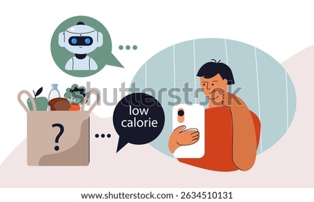 Person character get low calorie diet advice from an Ai robot chatbot on a smartphone app. Artificial intelligence personal nutrition consultant flat illustration