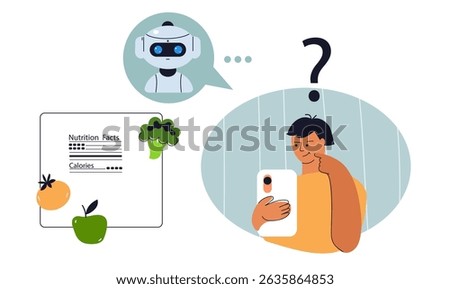 Person character get low calorie diet advice from an Ai robot chatbot on a smartphone app. Artificial intelligence personal nutrition consultant flat illustration