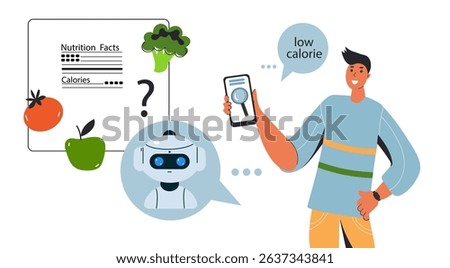 Person character get low calorie diet advice from an Ai robot chatbot on a smartphone app. Artificial intelligence personal nutrition consultant flat illustration