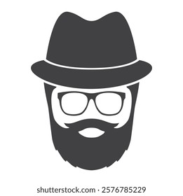 Person character man face with beard and glasses and old fashion hat on head icon