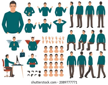 person character set. Front, side, back view animated character. Standing man character in blouse  and pants face emotions, poses, gestures,
walking, sitting .Cartoon style, flat isolated vector - Shutterstock ID 2089777771