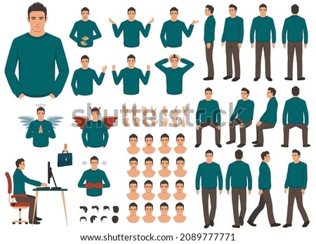 person character set. Front, side, back view animated character. Standing man character in blouse  and pants face emotions, poses, gestures,
walking, sitting .Cartoon style, flat isolated vector