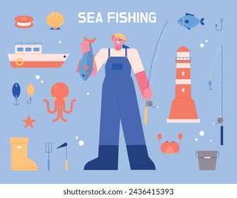 A person character standing holding a fishing rod and a fish. There are sea fishing objects around.