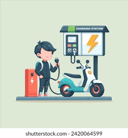 A person is charging an electric motorbike battery at a charging station vector illustration concept