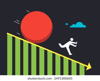 A person is chased by the rolling boulder. Isolated Vector Illustration