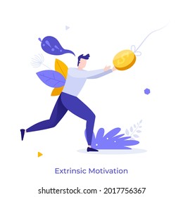 Person chasing dollar coin. Concept of extrinsic motivation, external reward or incentive, pursuing financial gain, benefit or profit, money hunting. Modern flat vector illustration for banner, poster