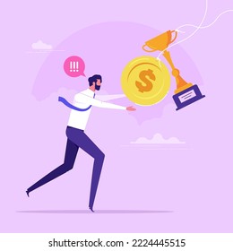 Person chasing dollar coin and trophy. Concept of extrinsic motivation, external reward or incentive, pursuing financial gain, benefit or profit, money hunting, flat vector illustration