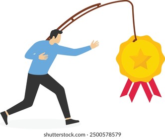 Person chasing dollar coin and trophy. Concept of extrinsic motivation, external reward or incentive, pursuing financial gain, benefit or profit, money hunting, flat vector illustration

