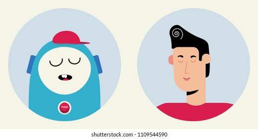 Person and chat bot avatar portrait icons flat style vector illustration in the circle profile isolated on white background. AI conversation concept and symbol of online supporting