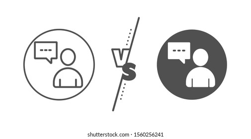 Persona con el signo de burbuja del discurso de chat. Contra concepto. Icono de línea de comunicación de usuario. Símbolo de silueta humana. Icono de chat de línea contra usuarios clásicos. Vector