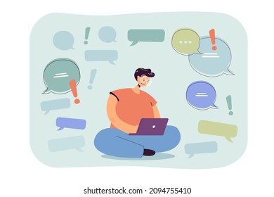 Person with chat speech bubbles and exclamation marks. Woman sitting with laptop flat vector illustration. Online communication, social media concept for banner, website design or landing web page