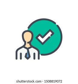 Person with check mark color line icon. Done vector outline colorful sign.