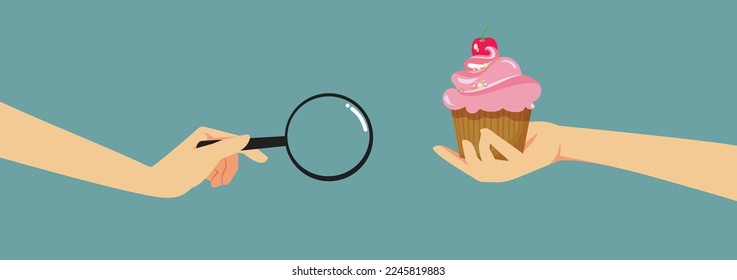 
Person Checking Calories in a Dessert Vector Concept Illustration. Dietician inspecting a cupcake analyzing a sweet snack 
