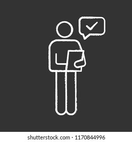 Person checking document chalk icon. Manager. Good news or results. Personal recommendation. HR manager reading resume. Successfully tested. Isolated vector chalkboard illustration