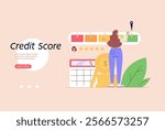 Person checking and improving a credit score report. Gauge scale rating. Concept of credit banking, loan rating, mortgage approval, payment history. Clients improve credit score. Vector illustration