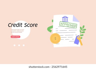 Person checking and improving a credit score report. Gauge scale rating. Concept of credit banking, loan rating, mortgage approval, payment history. Clients improve credit score. Vector illustration