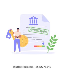 Person checking and improving a credit score report. Gauge scale rating. Concept of credit banking, loan rating, mortgage approval, payment history. Clients improve credit score. Vector illustration