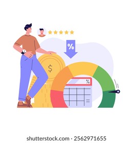 Person checking and improving a credit score report. Gauge scale rating. Concept of credit banking, loan rating, mortgage approval, payment history. Clients improve credit score. Vector illustration