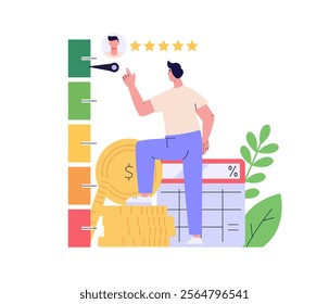 Person checking and improving a credit score report. Gauge scale rating. Concept of credit banking, loan rating, mortgage approval, payment history. Clients improve credit score. Vector illustration