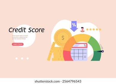 Person checking and improving a credit score report. Gauge scale rating. Concept of credit banking, loan rating, mortgage approval, payment history. Clients improve credit score. Vector illustration