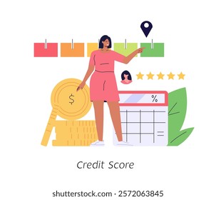 Person checking and improving a credit score report. Gauge scale rating. Concept of credit banking, loan rating, mortgage approval, payment history. Clients improve credit score. Vector illustration