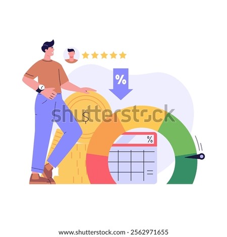 Person checking and improving a credit score report. Gauge scale rating. Concept of credit banking, loan rating, mortgage approval, payment history. Clients improve credit score. Vector illustration