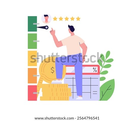 Person checking and improving a credit score report. Gauge scale rating. Concept of credit banking, loan rating, mortgage approval, payment history. Clients improve credit score. Vector illustration