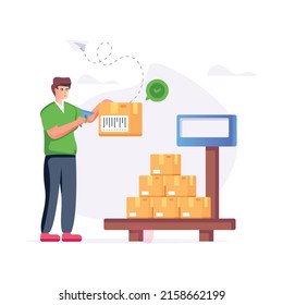 Person Checking Parcel’s UPC Code, Flat Illustration 

