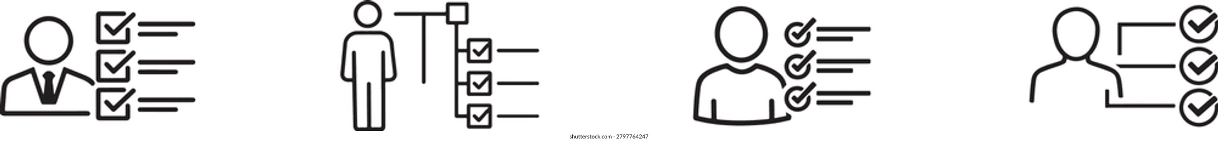 Person with checklist icon set in 4 styles. Duties, qualifications and task completion symbols.