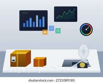 Una persona revisa la pantalla de una computadora con gráficos y gráficas mientras manipula cajas de cartón en un escritorio. La escena muestra herramientas para el envío y el seguimiento de datos en un espacio de trabajo.