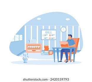 Person checks heating meter and pays household utility bill on website.  flat vector modern illustration 