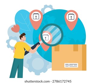 A person checks package location pins with a magnifying glass in flat style on a global background, expressing logistics tracking concept. Vector illustration