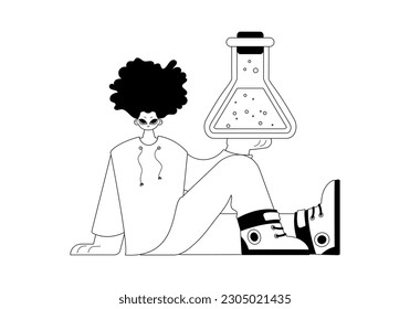 Person with a chemical carafe. Learning point. Dim and white line craftsmanship. Trendy style, Vector Illustration