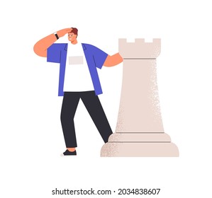 Person with chess piece searching opportunity, seeking for solution, looking forward and estimating risks of future step. Business vision concept. Flat vector illustration isolated on white background