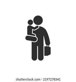 Person with a child in arms and case, vector icon. Monochrome black and white symbol