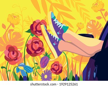 Person chilling in car on flowering fields. Cool sneakers and summertime mood, bright and colourful flat vector cartoon illustration