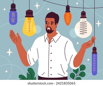 Person choose lightbulb concept. Creative person with ideas for start ups. Man with colorful light bulbs. Power and electricity. Cartoon flat vector illustration isolated on blue background