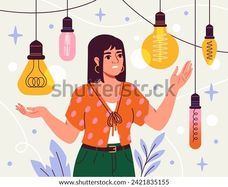 Person choose lightbulb concept. Creative person with ideas for start ups. Woman with colorful light bulbs. Graphic element for website. Cartoon flat vector illustration isolated on blue background