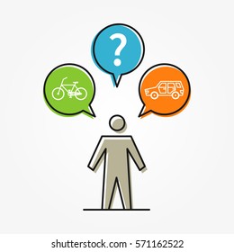 A person chooses between car and bicycle vector illustration. Creative concept  of selection car or bicycle (bike) for transportation with question mark.
