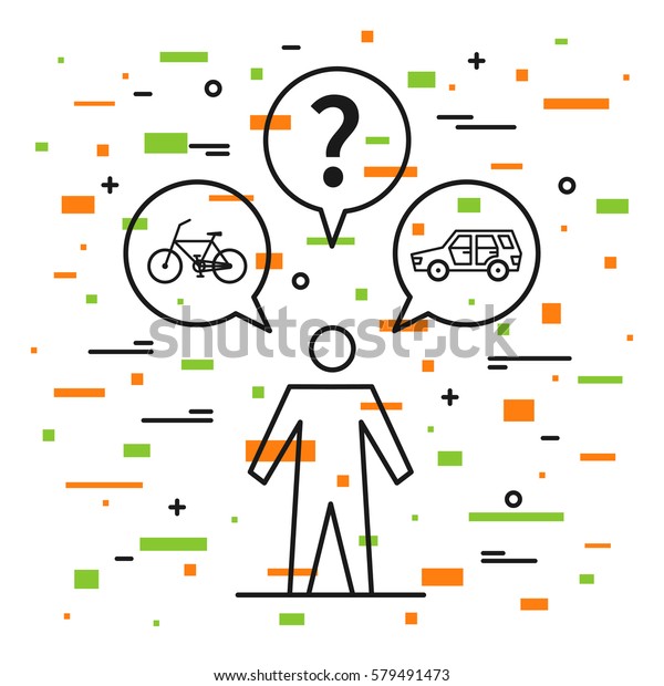 A person chooses\
between car and bicycle vector illustration. Creative concept  of\
selection car or bicycle (bike) for transportation with question\
mark.\
