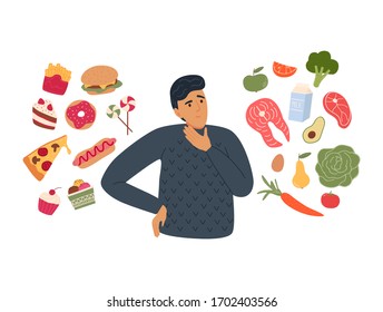 A person chooses between fast food and healthy, lively food. Diet concept. Flat vector illustration.