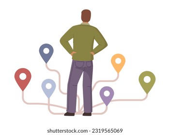 Person chooses way to travel, markings on road, path choice concept. Vector man choosing from multiple directions, making decisions, life path. Solutions and opportunities flat cartoon illustration