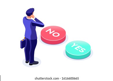 Person Choosing And Agree The Yes Select Option, Ok Decision To Confirm Choice For A Solution. Positive Fingers Out Of No Negative Symbol. Symbolic Flat Abstract Concept. Isometric Vector Illustration