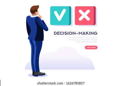 Person choosing and agree the yes select option, ok decision to confirm choice for a solution. Positive fingers out of no negative symbol. Symbolic flat abstract concept. Isometric vector illustration